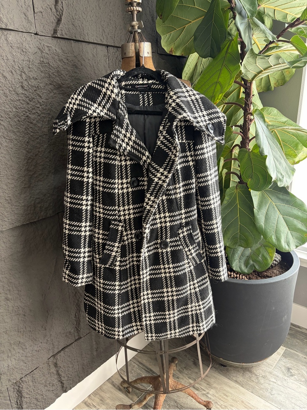 Black & White Plaid Double-Breasted Women's Coat